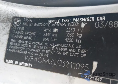 1988 BMW 735 I Automatic from USA, damaged, VIN WBAGB4313J3211095